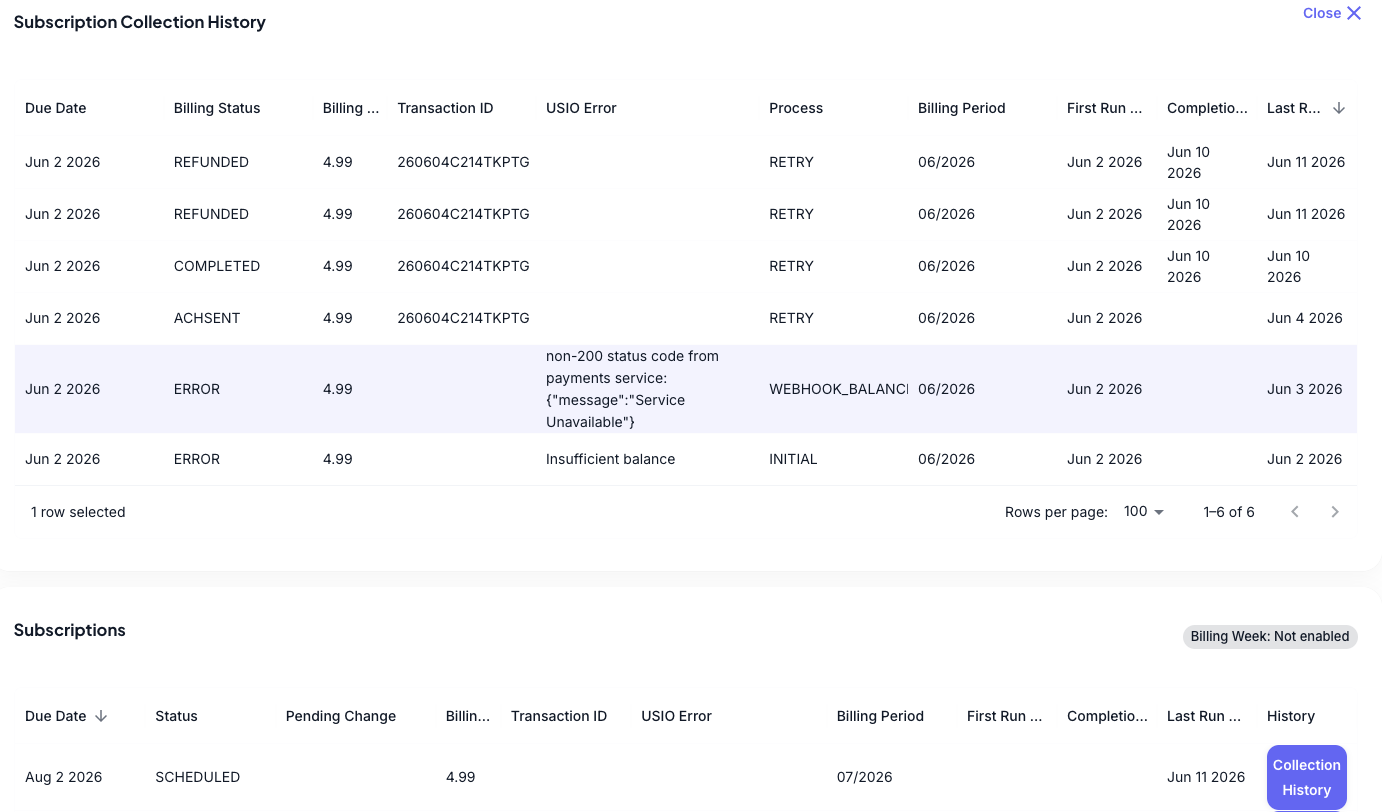 Subscription collection history with a Service Unavailable error row